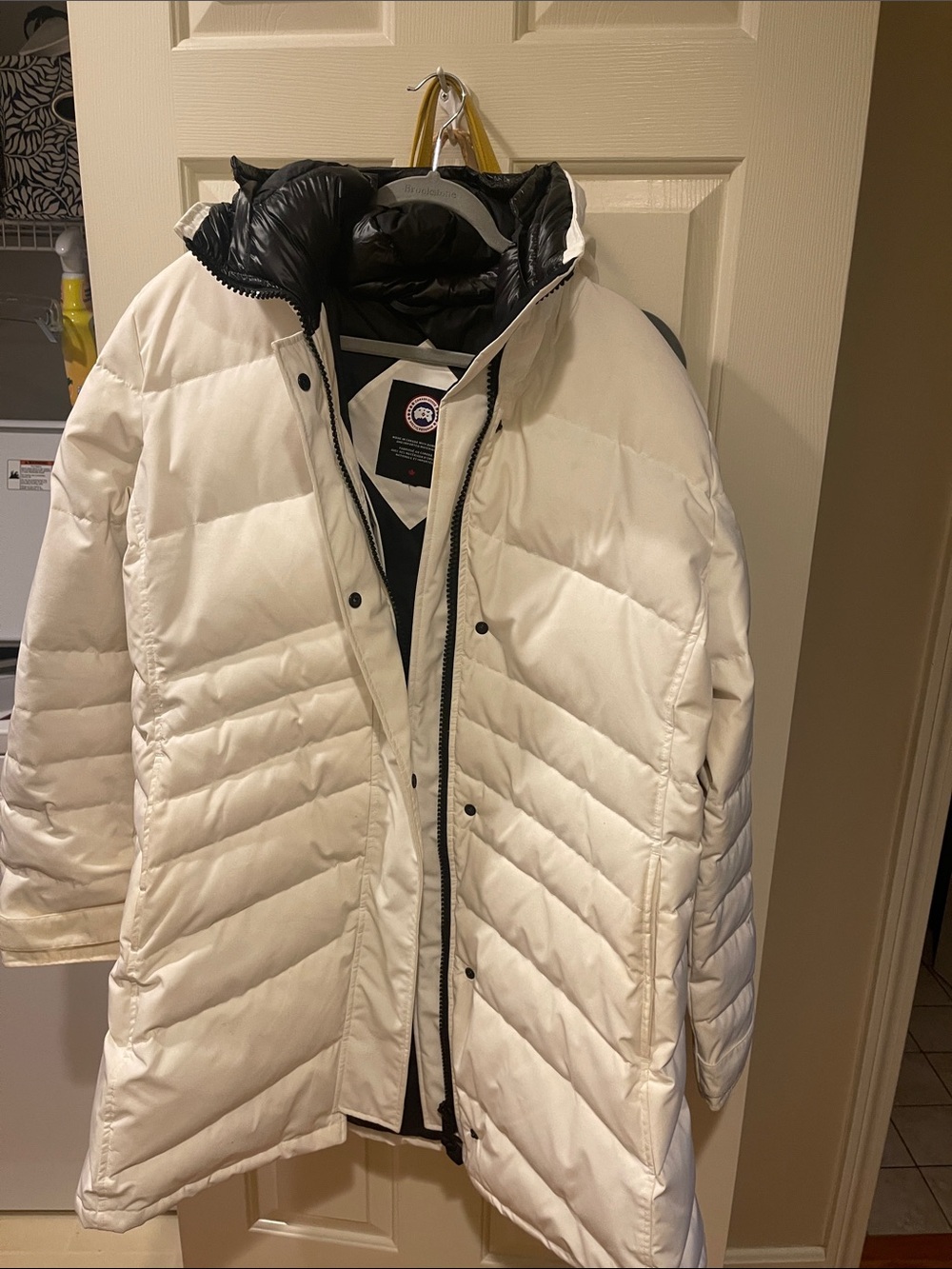 Canada Goose womans White Puffer Coat with Black Lining and hood